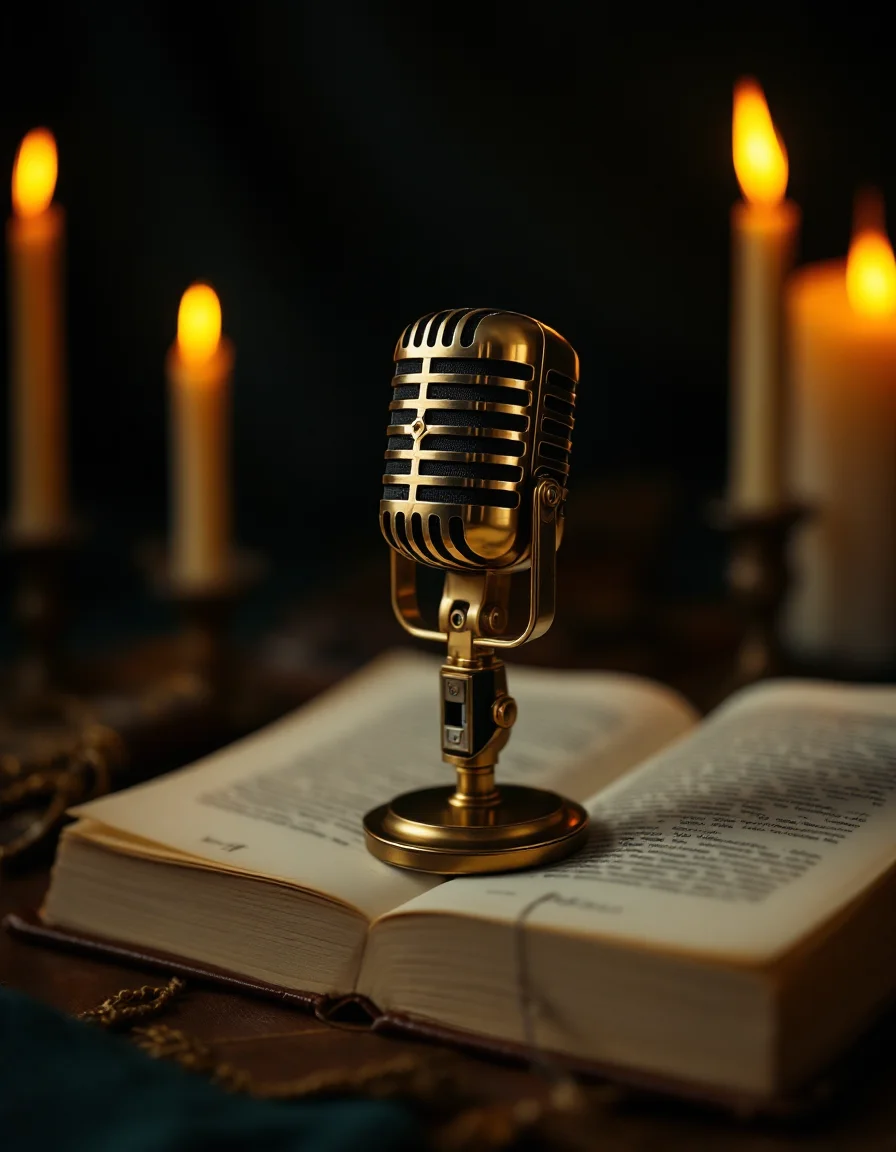 Vintage brass microphone resting on an open leather book