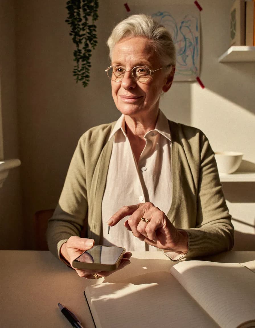 A silver-haired woman at a sunlit desk holds her phone in one hand, a finger hovering just above the screen, an open notebook beside her.