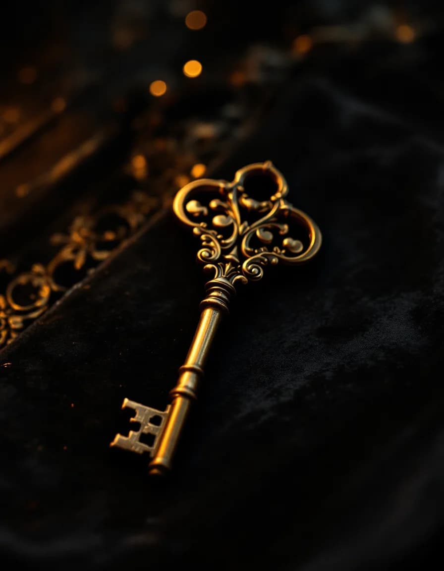 Ornate brass key on dark velvet, gold accent